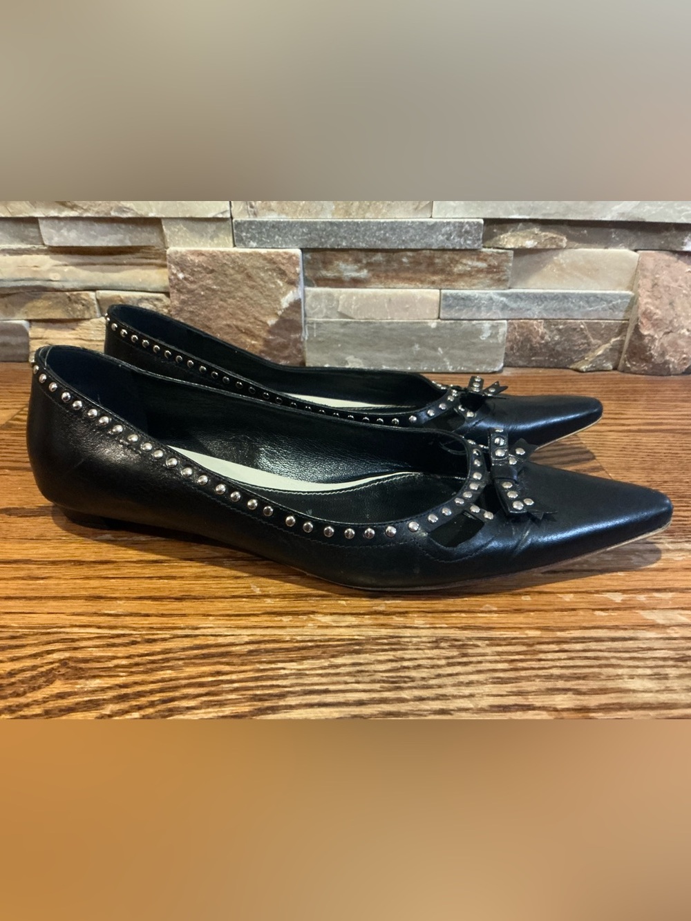 Prada Black Leather Studded Bow Flats Size 38.5
